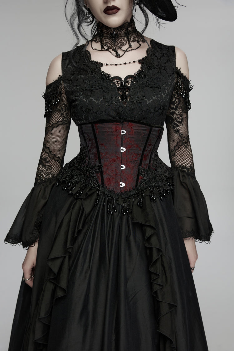 Crimson & Noir Tassel Accent Lace-Up Corset Top with Jacquard Weave