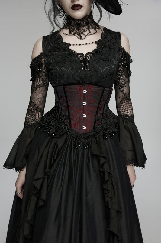 Crimson & Noir Tassel Accent Lace-Up Corset Top with Jacquard Weave