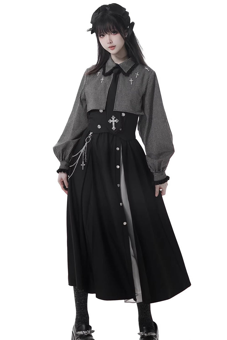 Hymn of the Cross Gothic Ruffled Asymmetric Chain Skirt Set - Black