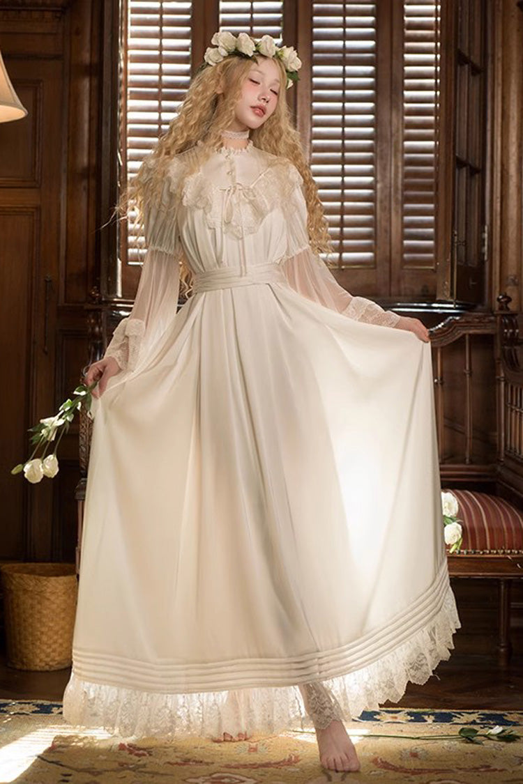 White Long Trumpet Sleeve Lace Sweet Elegant Princess Dress
