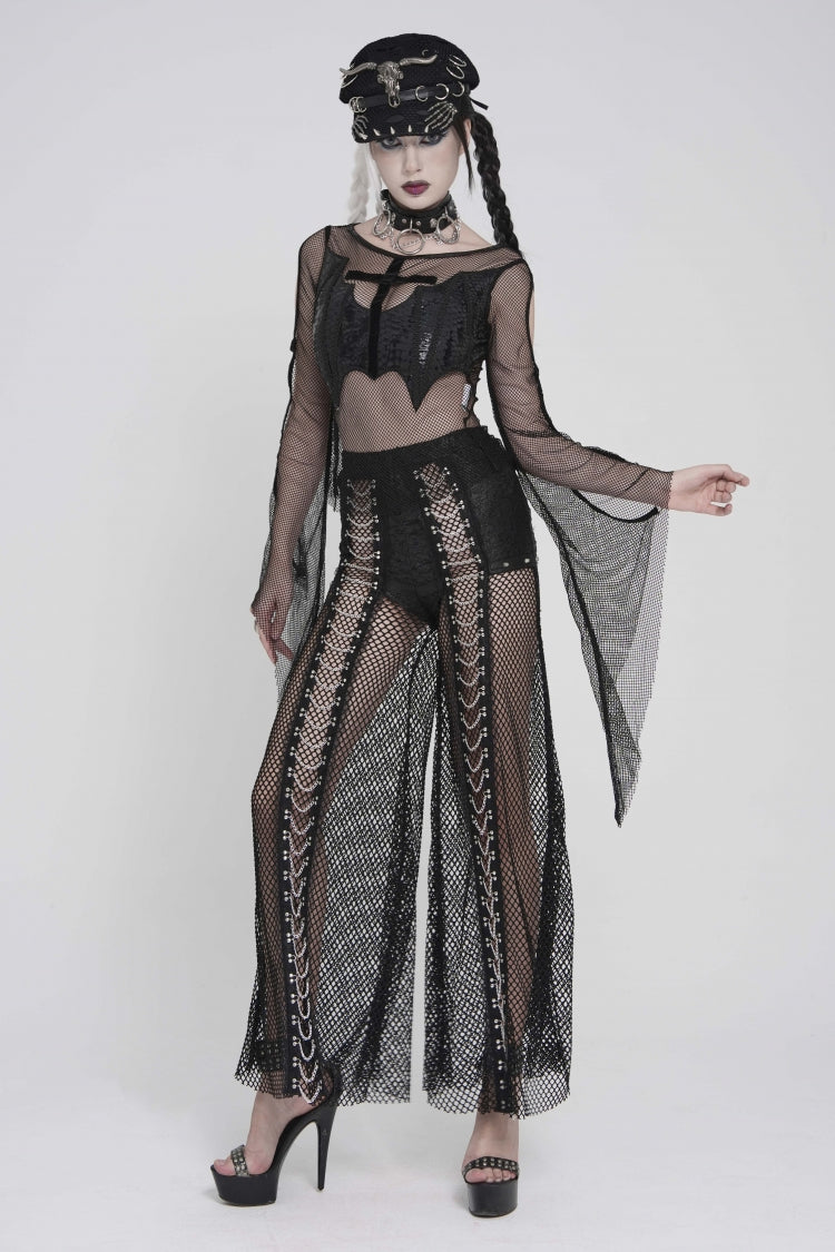 Noir Crewneck Long-Sleeve Sheer Eyelet Punk Bat Cross Mesh Tee for Women