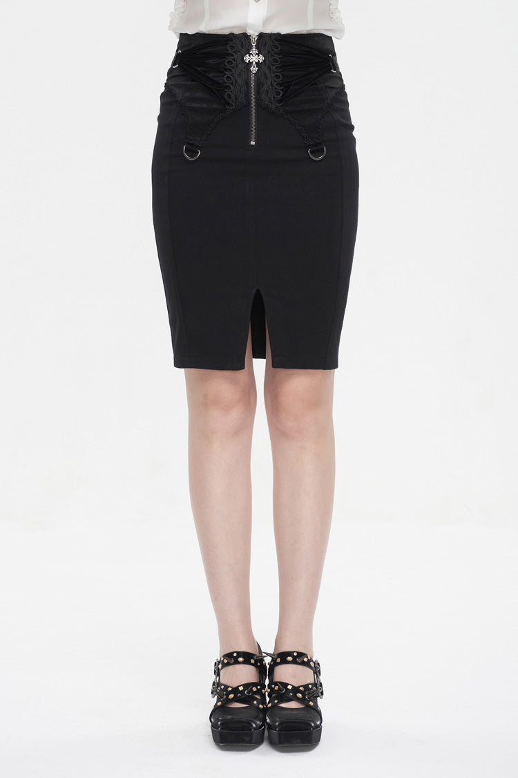 Floral Embroidered Gothic Split Skirt for Women with Lace-Up