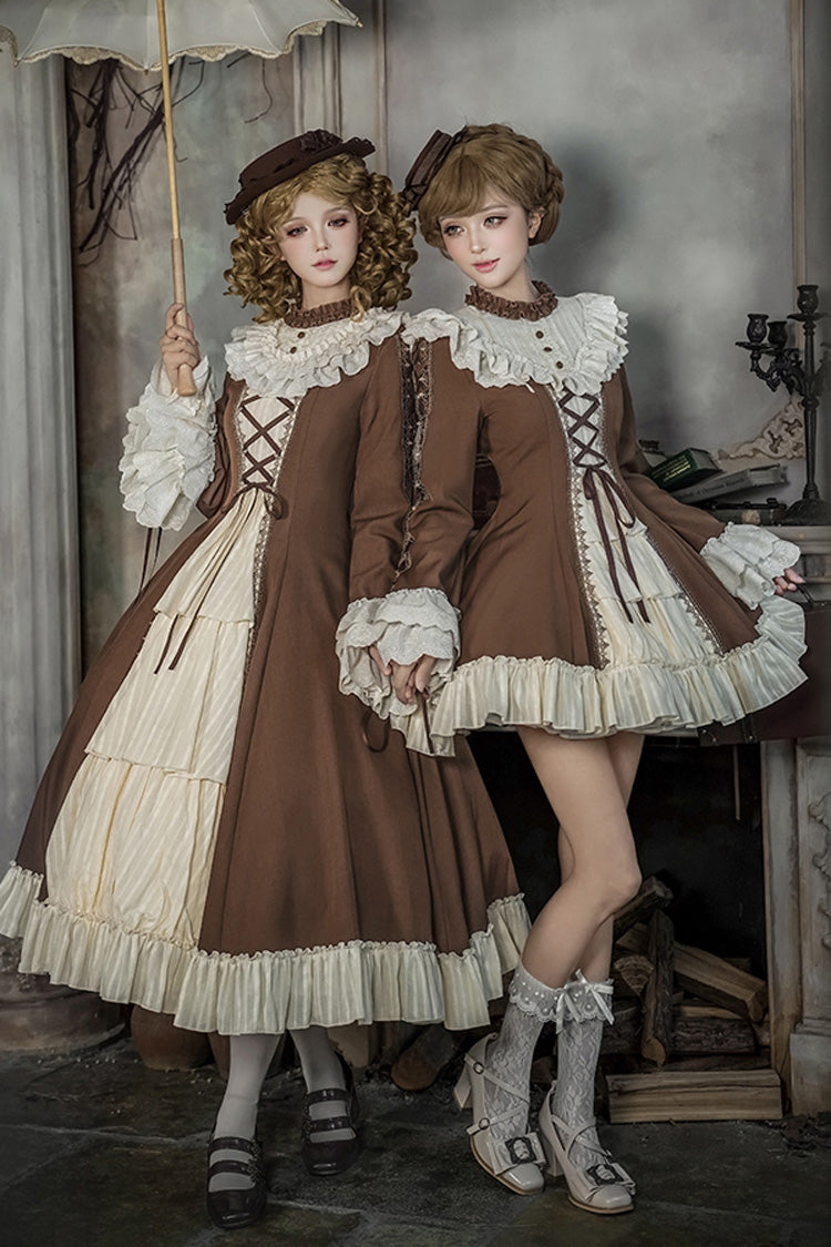 Brown Beige Nutcracker Stand Collar Long Trumpet Sleeves Ruffle Cardigan Lace-Up Sweet Lolita Dress Set