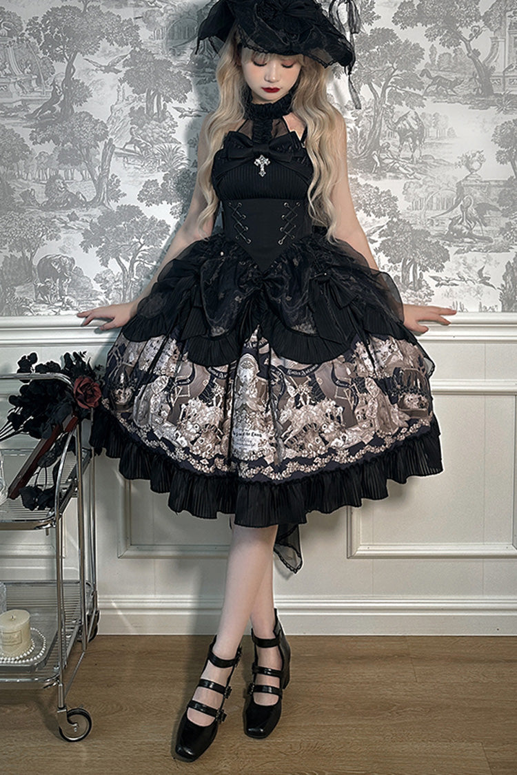 Black The Mystery of The Doll Halterneck Printed Ruffle Bowknot Drawstring Gothic Lolita Dress