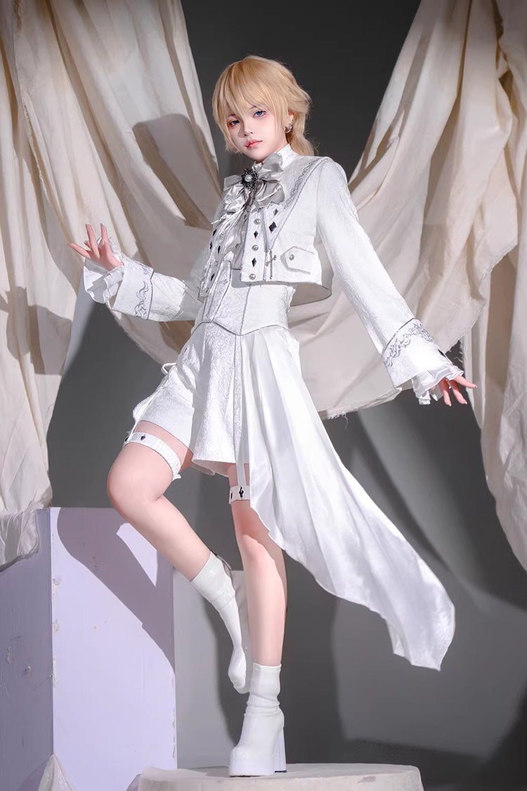 Ivory Asymmetric Prince Coat Shorts Set with Bows - Silver-White Sacred Pact