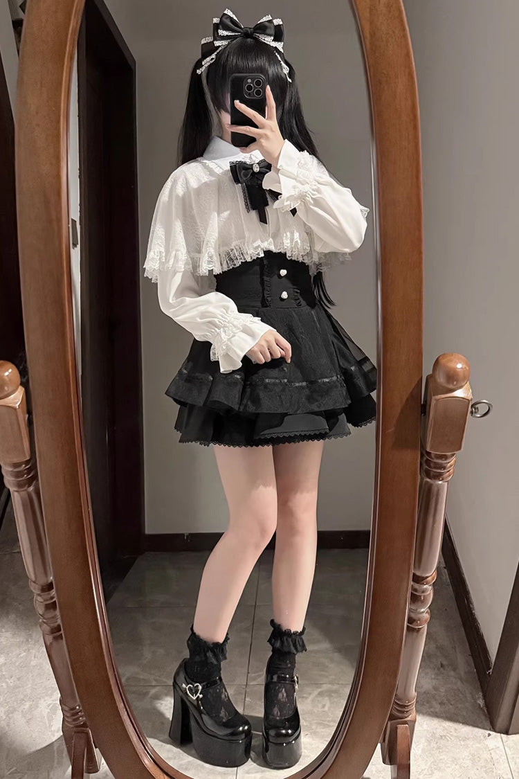 [Law of Disorder] Lapel Collar Long Sleeves Bow Lace Sweet Jirai Kei Skirt and Top 3 Colors