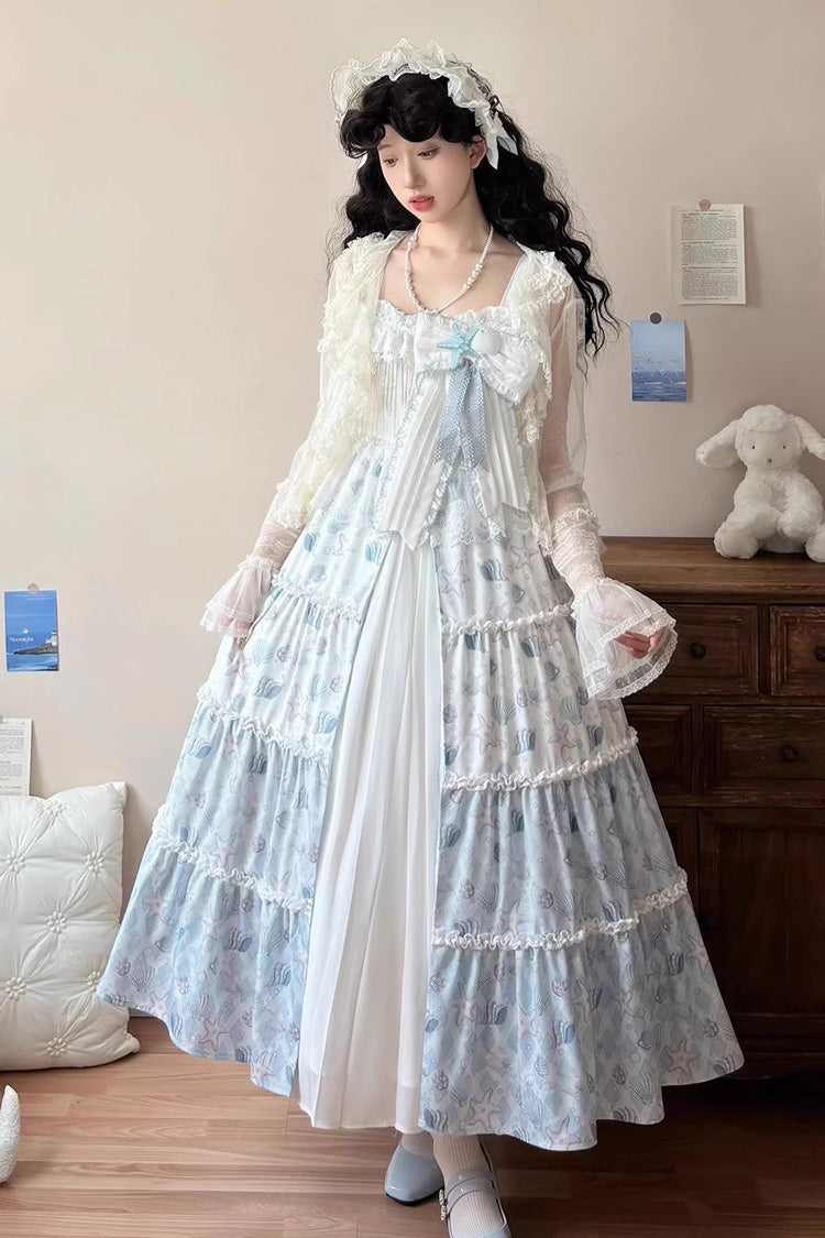 Elegant Princess Bowknot Cardigan Lace Light Blue Shell Print Jsk Dress