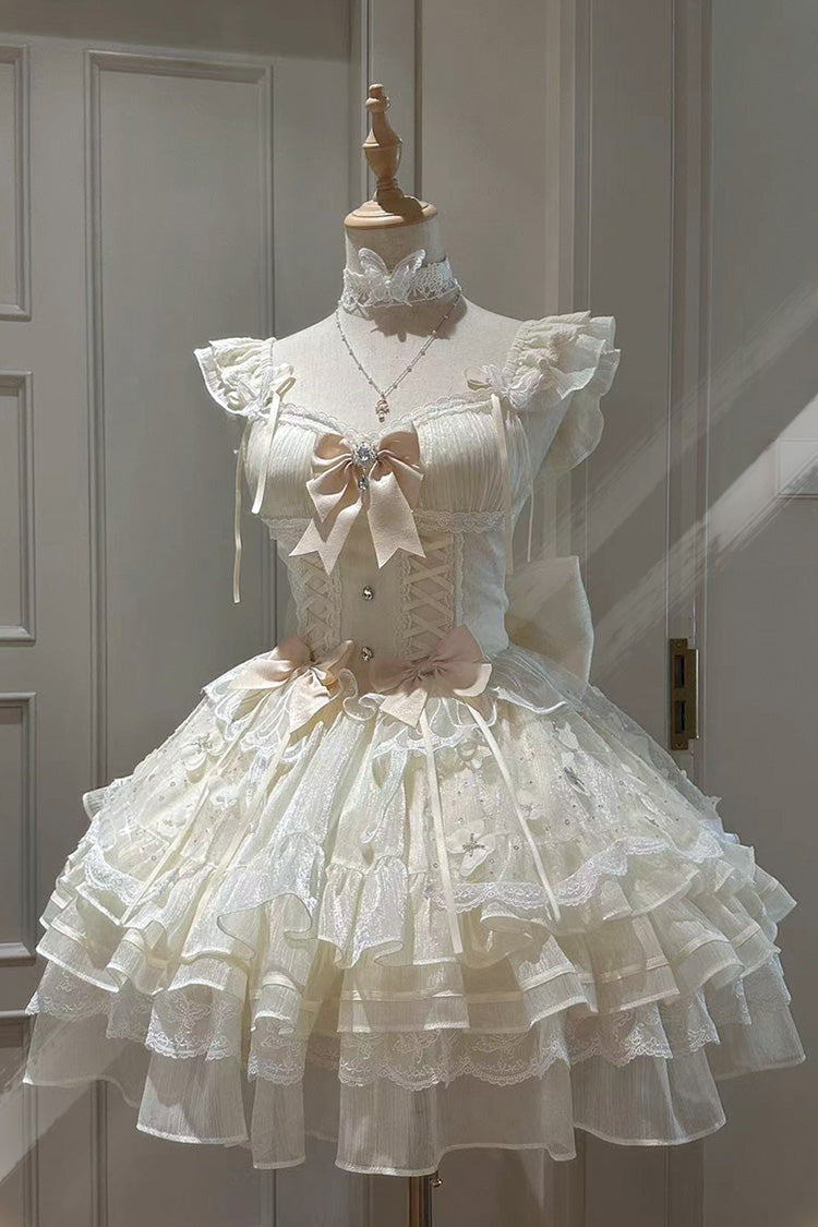 Cream First Love Multi-Layer Frilled Bow Lace-Up Elegant Princess Sweet Lolita JSK Dress