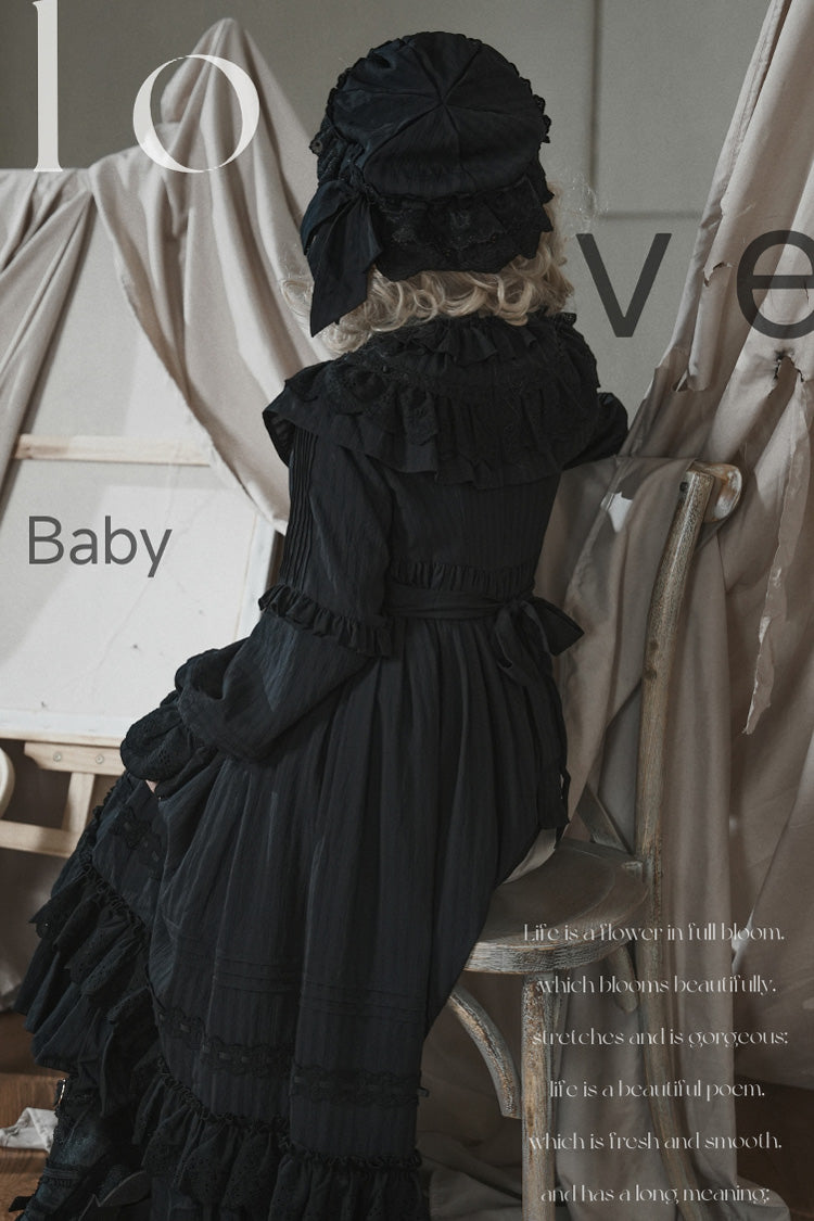 Good Night Black Long Sleeves Double-Layered Ruffle Bowknot Lace-Up Gothic Dress