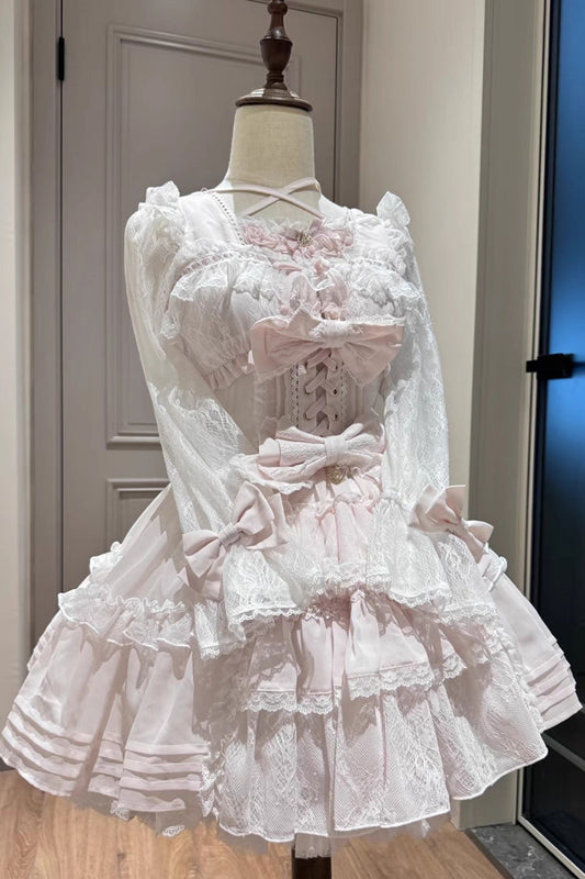 Sweet Square Collar Long Sleeve Lace Ruffle Bow Lace-Up Plus Size Dress
