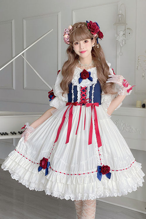 Cerulean and Ivory Round Collar Bow Short Sleeve Multi-Layer Ruffled Sweet Lolita OP Tiered Dress