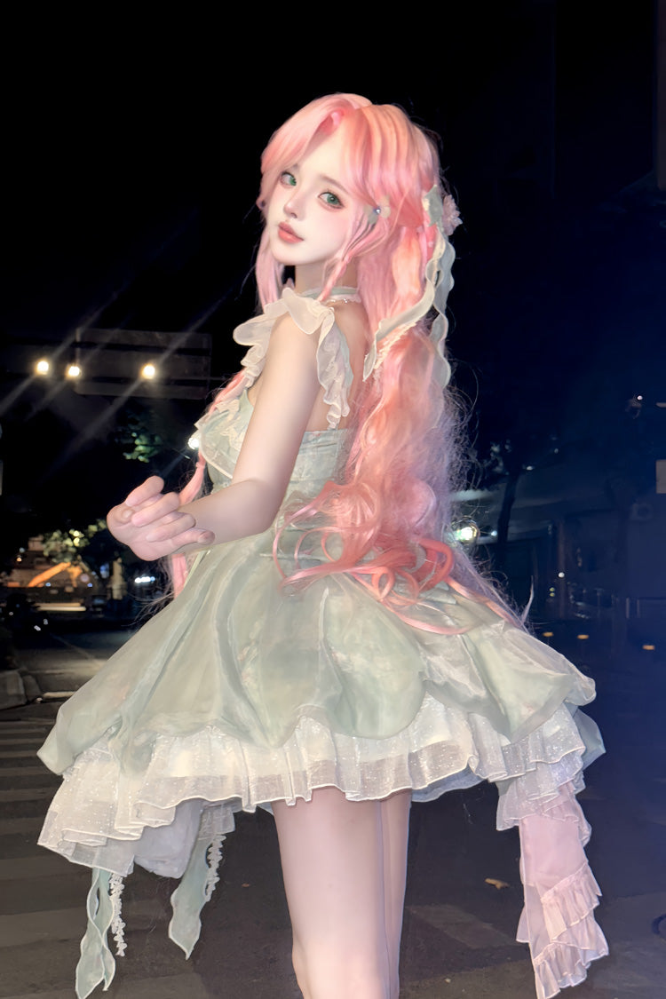 Emerald Flower Fairy Forest Garden Print Frill Bow Lace Gown