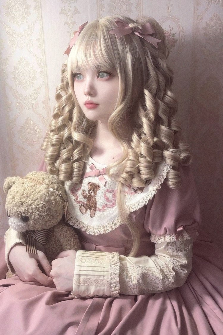 Bleached Walnut Blonde Sweet Lolita Roman Curls Pigtails Wig Set