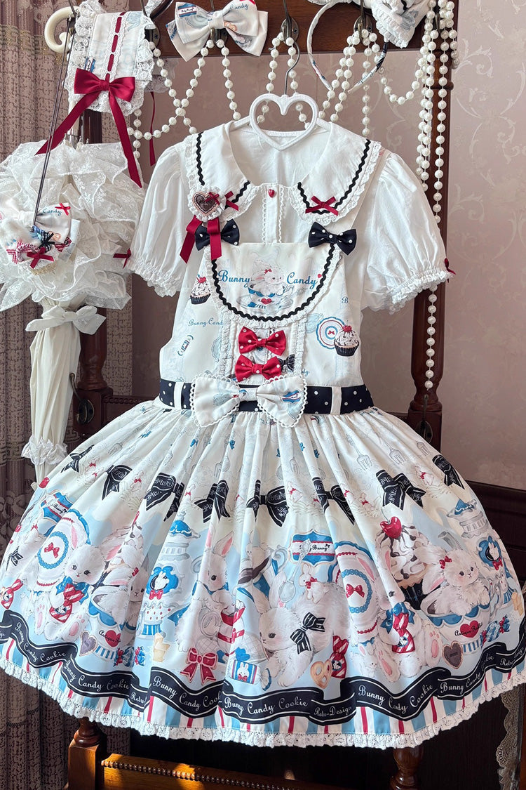 Sleeveless Print Bowknot Lace Sweet Lolita Strap Dress Beige
