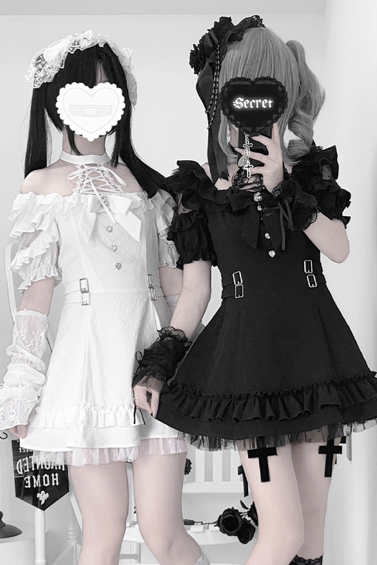 Black/White Halterneck Short Sleeve Ruffle Bowknot Lace Jirai Kei Japanese Gown 2 Colors