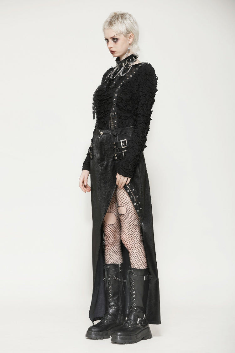 Coal Leather Skirt with Buckle Accents and Side Slit