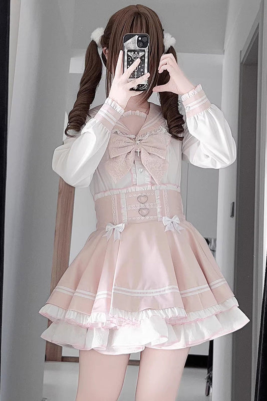 White & Pink Navy-Collar Triple-Ruffle Bow Sweet Jirai Kei Skirt Set