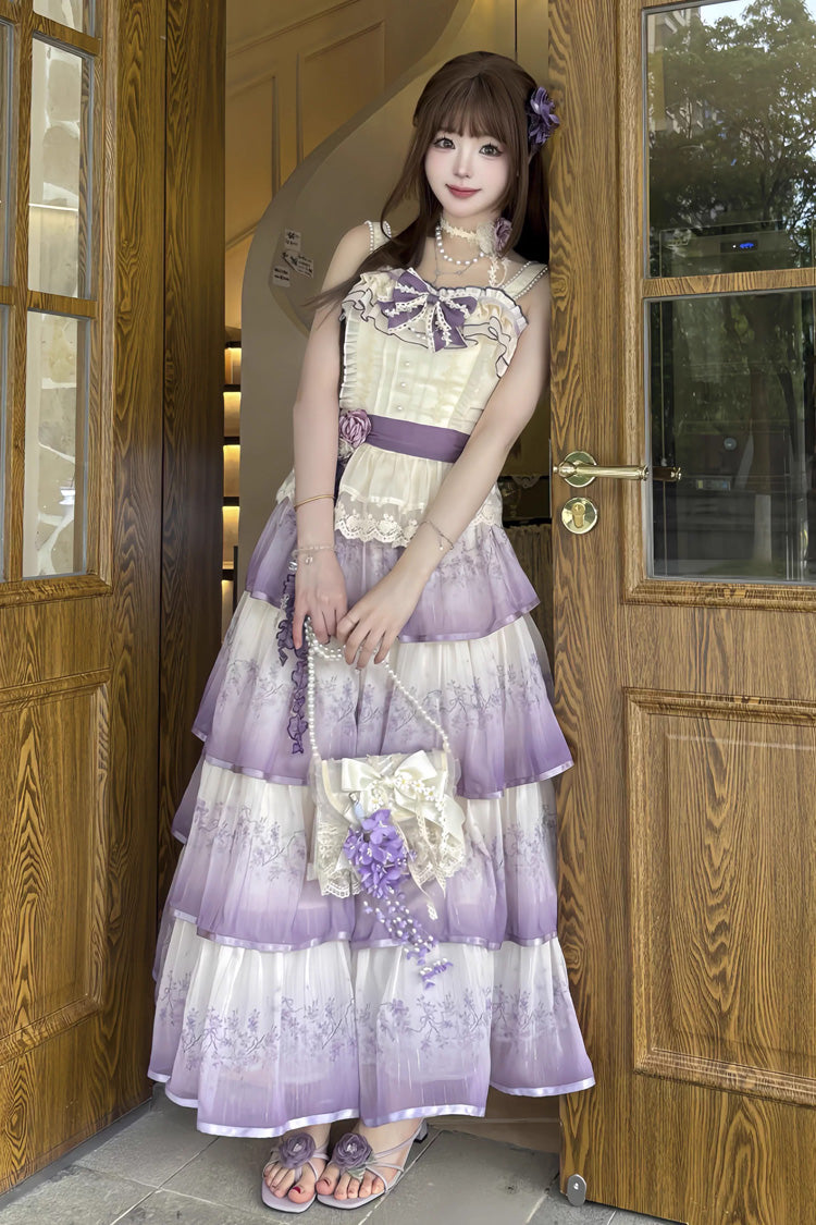Violet Lilac Thoughts Sleeveless Gradient Multi Printed Ruffled Lace Dress Set