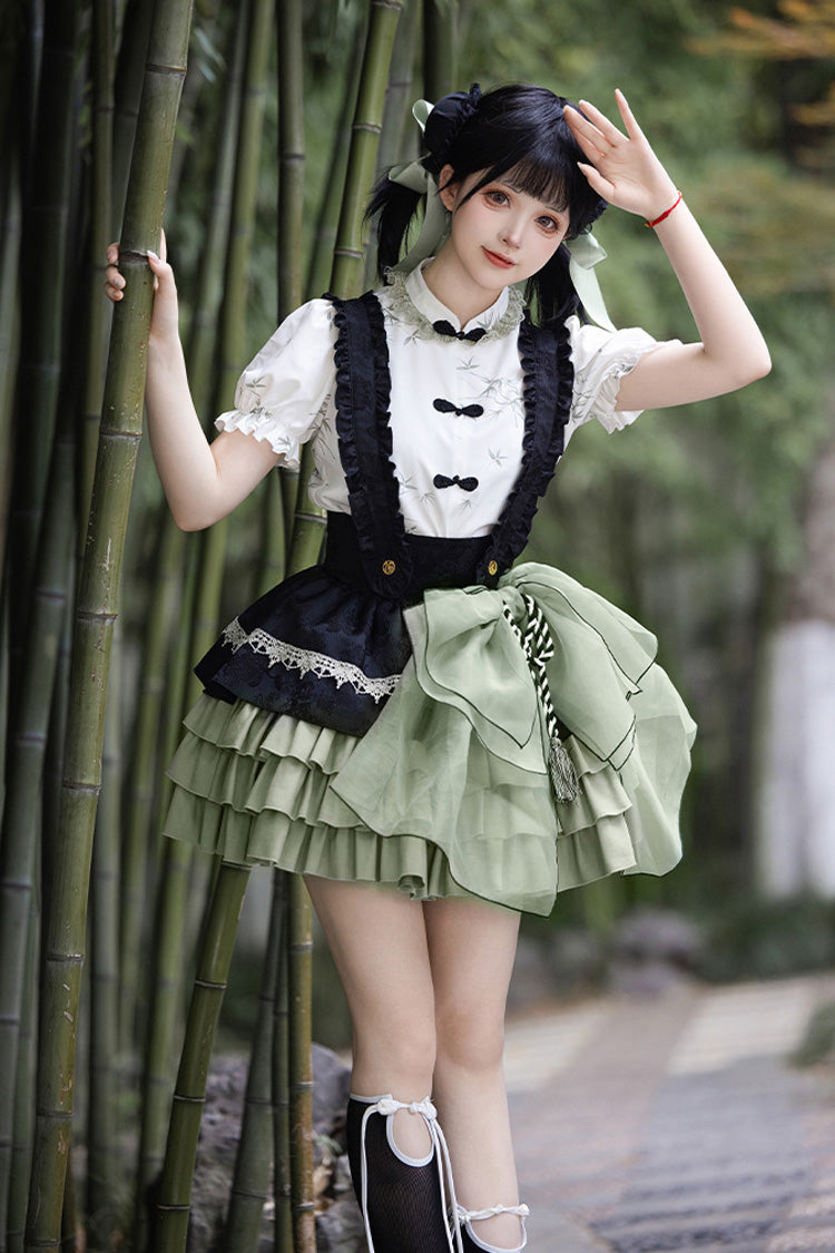 Bamboo Leaves Print Ruffle Bowknot Chinese Lolita Skirt Set