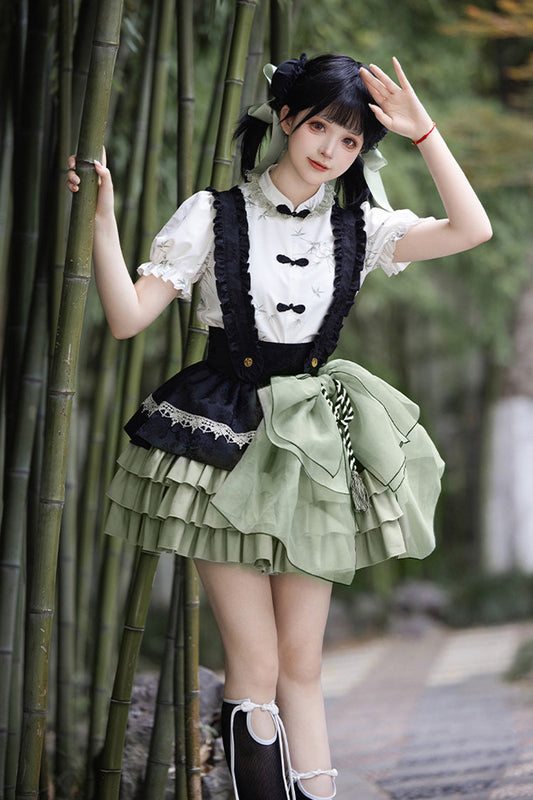 Bamboo Leaves Print Ruffle Bowknot Chinese Lolita Skirt Set