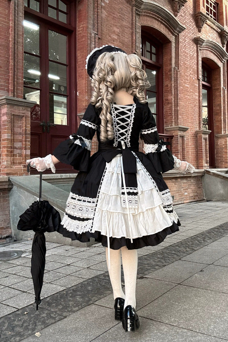 Black Trumpet Sleeve Gothic Dress with Lace and Bow