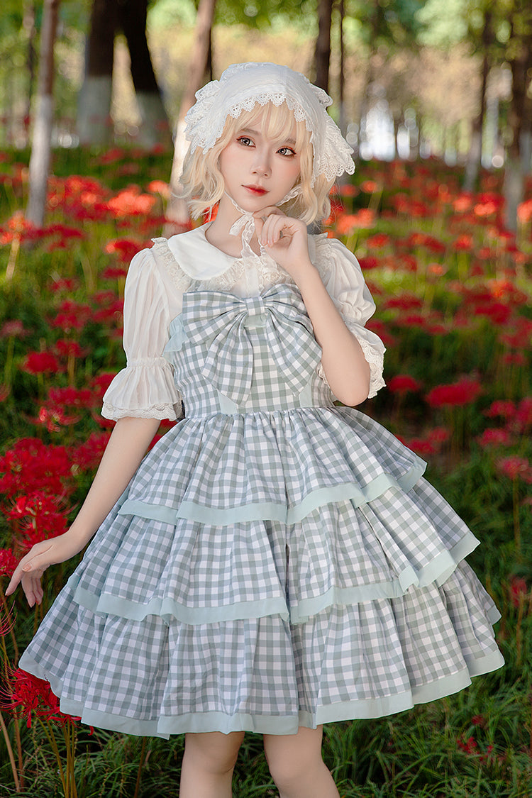 Blue Triple-Layered Plaid Ruffle Bow Sweet Lolita Dress