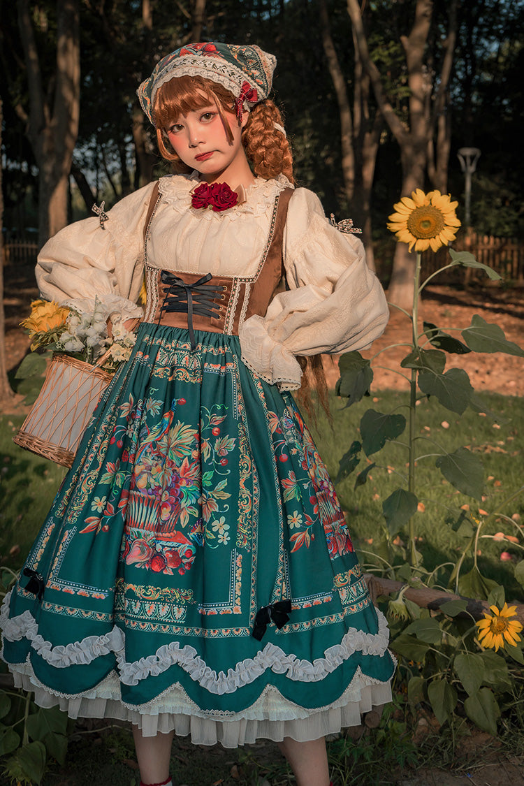 Green Velvet Classic Lolita JSK Dress with Berries and Birds Print Ruffle Bowknot