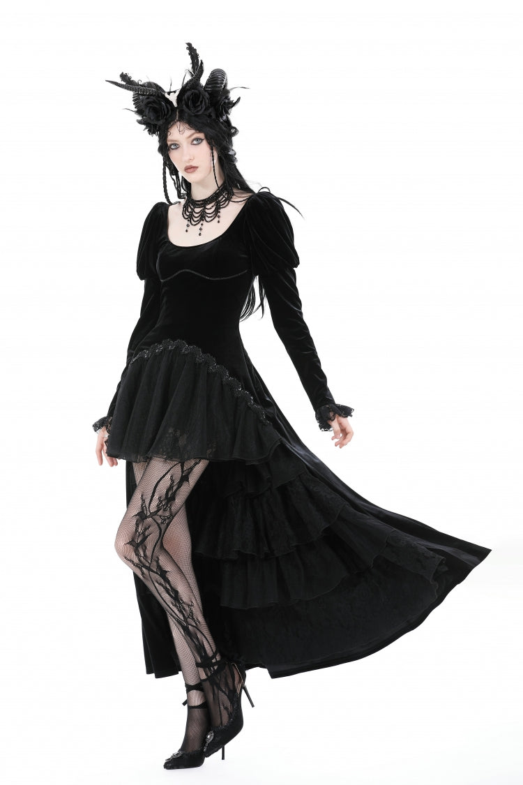 Ink Crewneck Long Puff-Sleeve Lace Hem High-Low Velvet Gothic Wedding Dress for Women