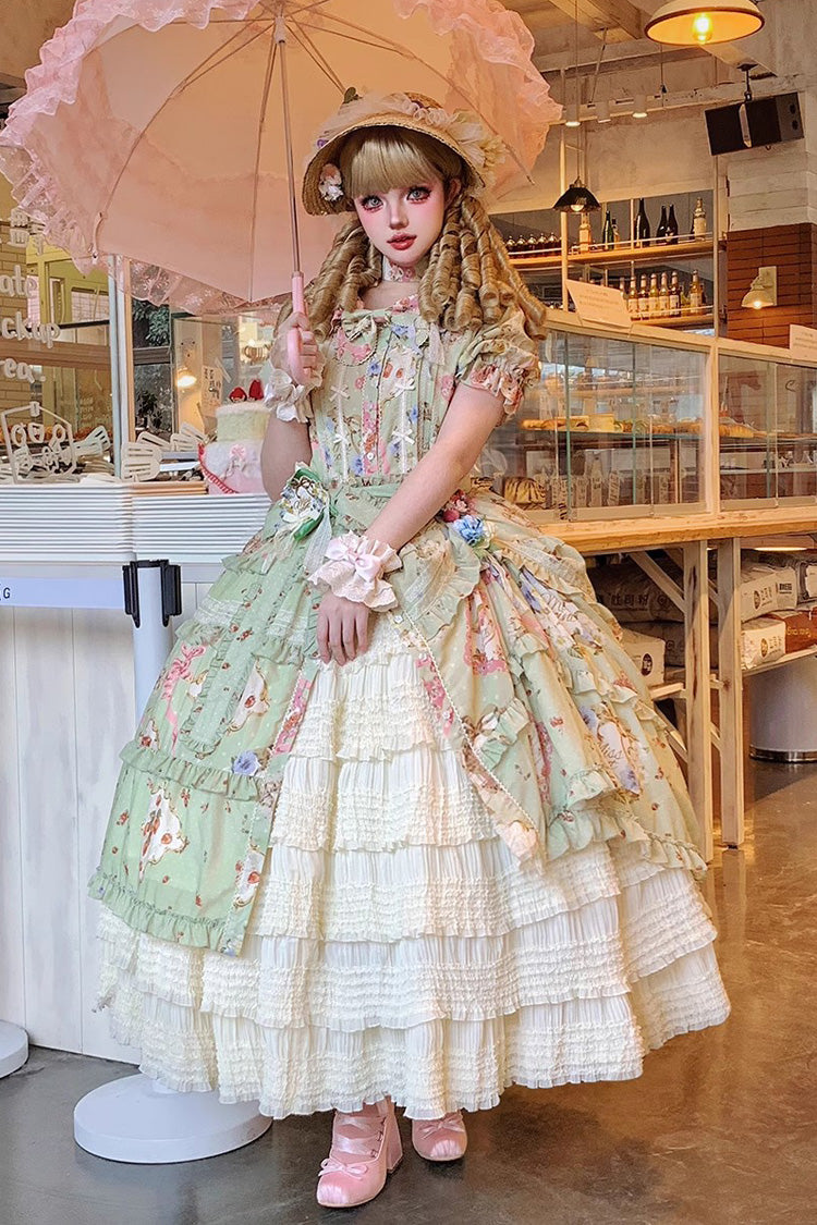 Green Short Sleeve Print Ruffle Cardigan Daily Sweet Dress