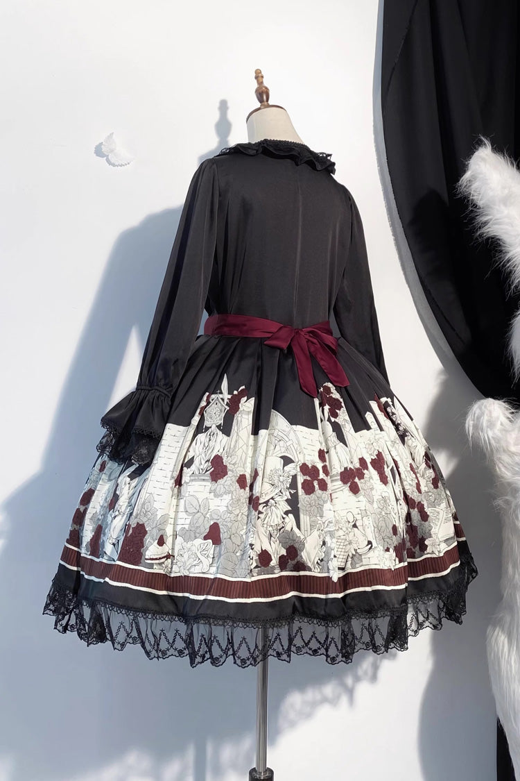 Black Print Bow Lace Gothic Lolita Dress - Two Versions