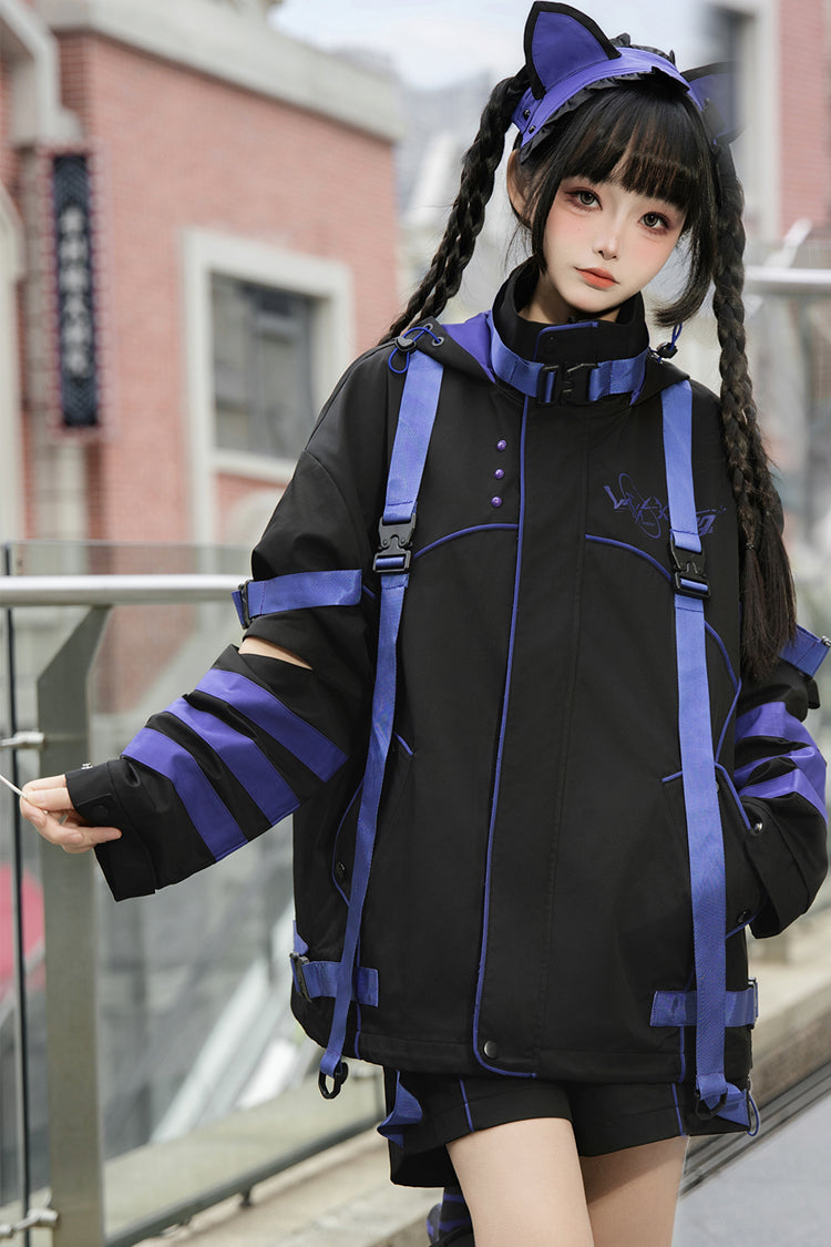 Blue/Black Long Sleeve Print Cat Ears Hooded Jirai Kei Handsome Jacket