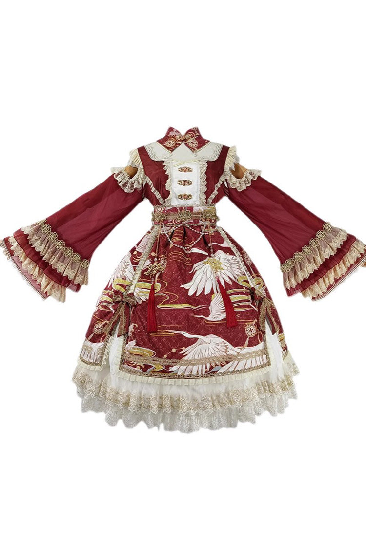 Chinese Style Long Sleeve Print Ruffle Lace Sweet Lolita Dress