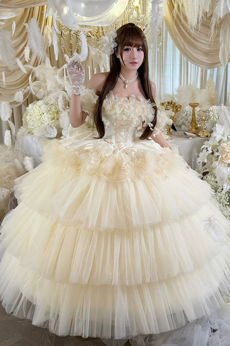 Apricot Sweet Lolita JSK Long Dress with Triple-Layer Ruffled Hanayome Bow Lace-Up and Sleeveless Design