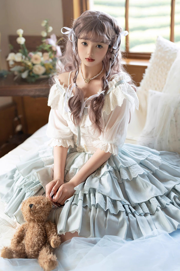 Powder Blue Rose Layered Princess Sweet Lolita Mini Skirt