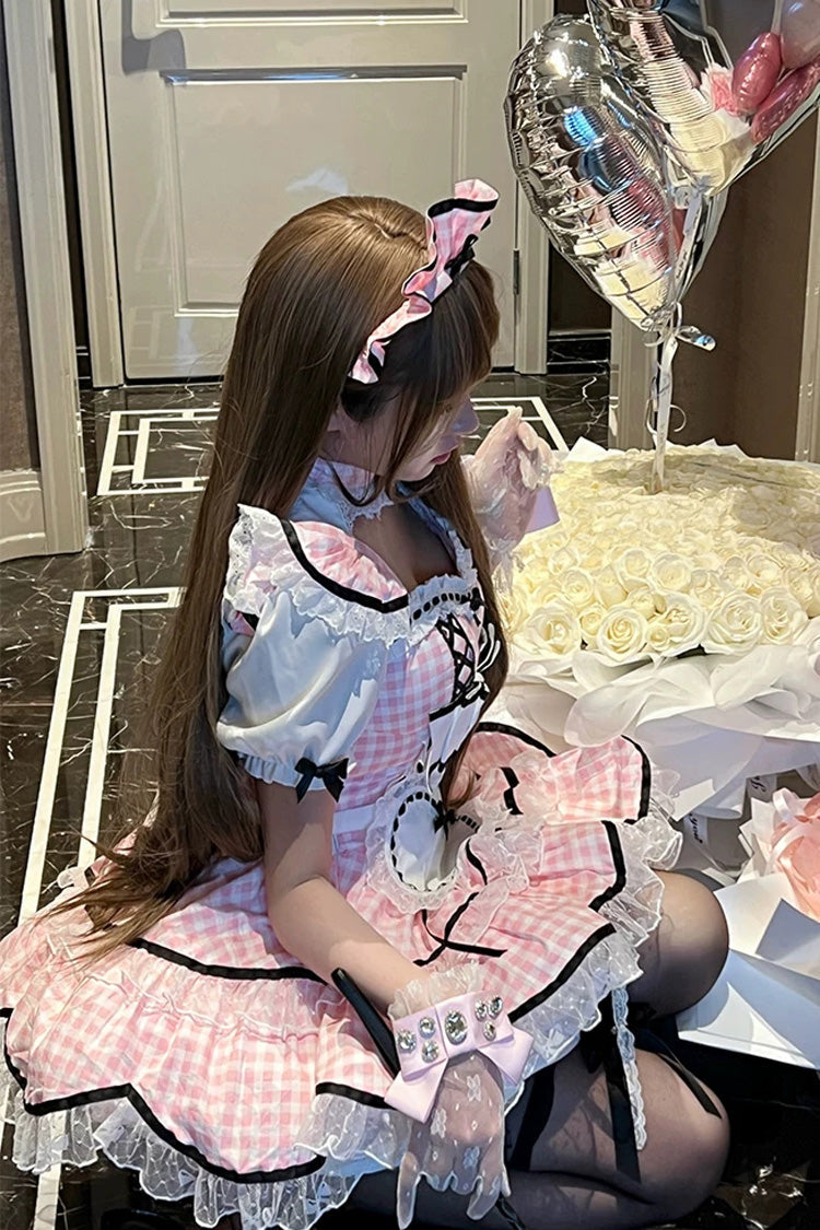 Sweet Lolita Maid Dress with Printed Ruffled Bow and Square Collar - Pink