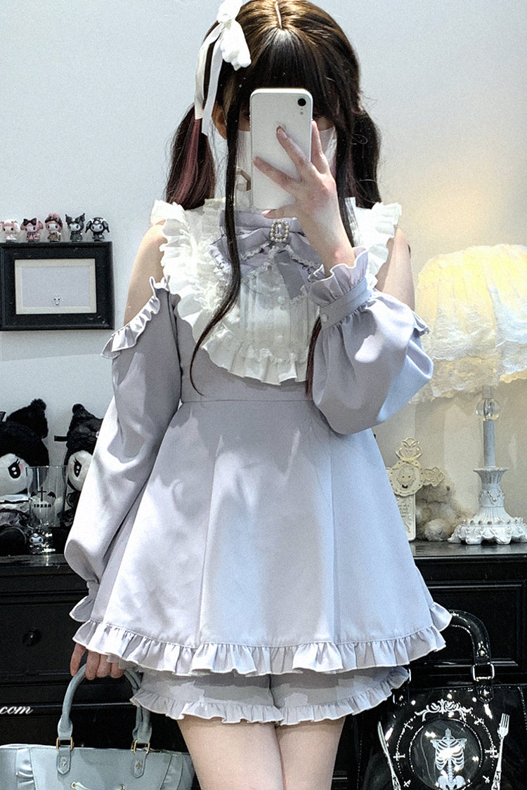 Light Blue Rose Princess Off Shoulder Long Sleeve Ruffle Bow Gothic Jirai Kei Dress