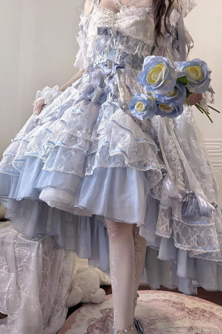 Blue Diane Rose Short Sleeve Jacquard Ruffle Cardigan Bow Lace Sweet Lolita Dress