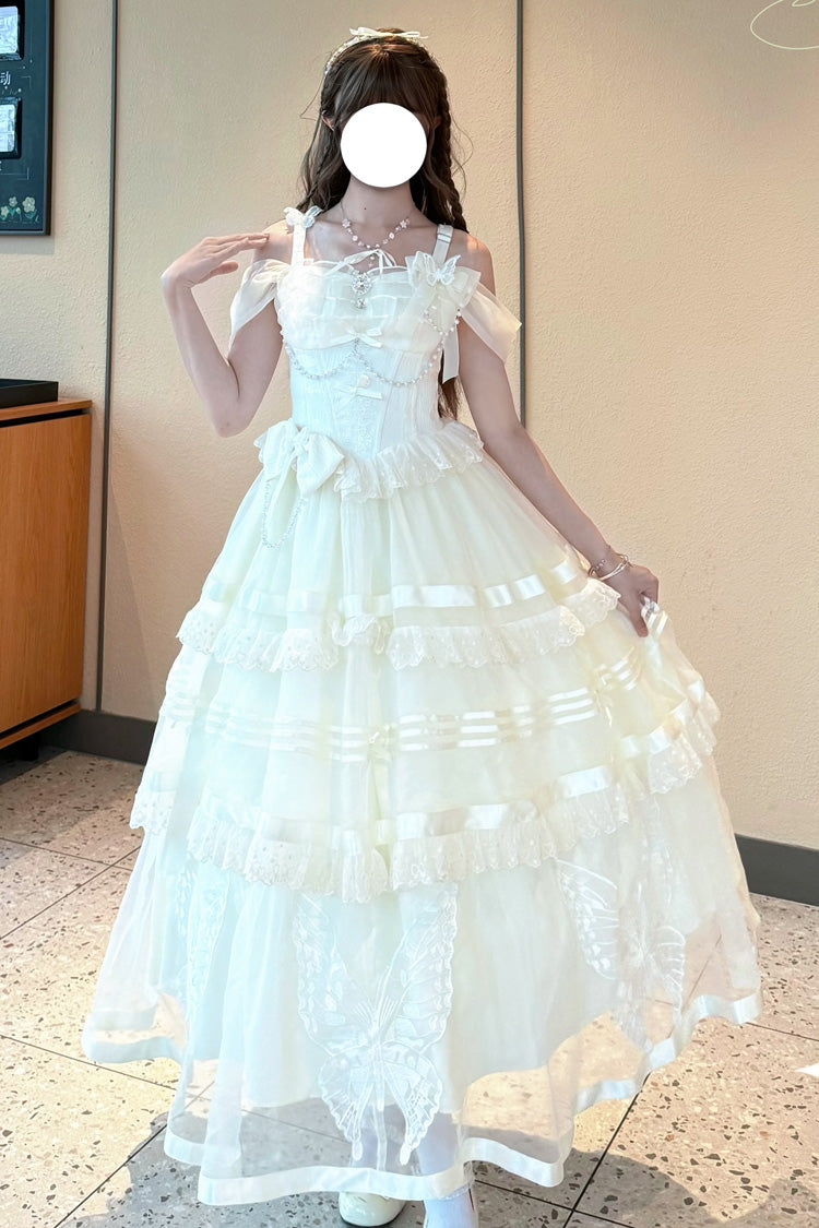 Apricot Elegant Princess Lolita JSK Dress with Triple-Layer Jacquard Ruffles Bowknot and Lace