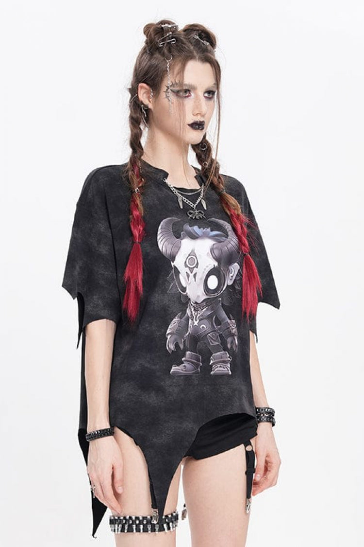 Irregular Print Punk Tee with Artistic Graphics for Women