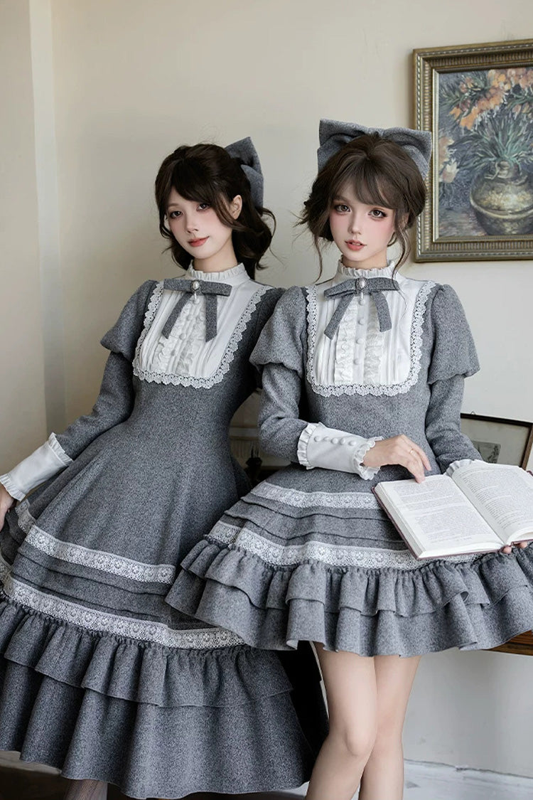 Classic Elegant Lolita Dress with Stand Collar and Ruffled Bow - Grey