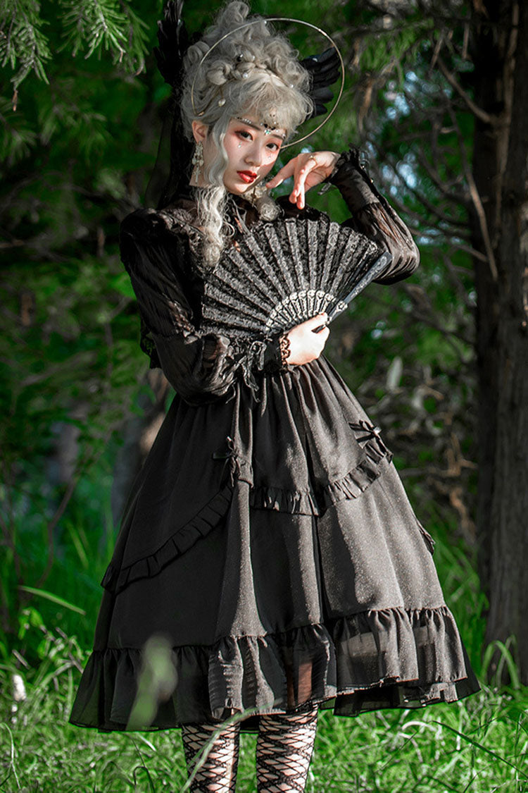 White Hollow V Neck Gothic Lolita Dress Long Sleeves Bowknot Ruffled - Altfashion Shop
