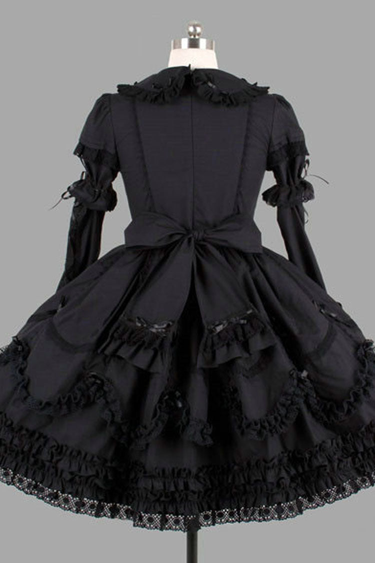 Black Cotton Gothic Lolita Dress Lapel Collar Long Sleeves Bowknot Ruffled - Altfashion Shop