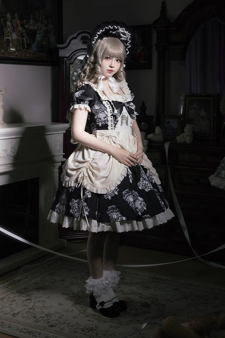 Gothic Doll Night Dress with Short Sleeves, Ruffles, and Bow