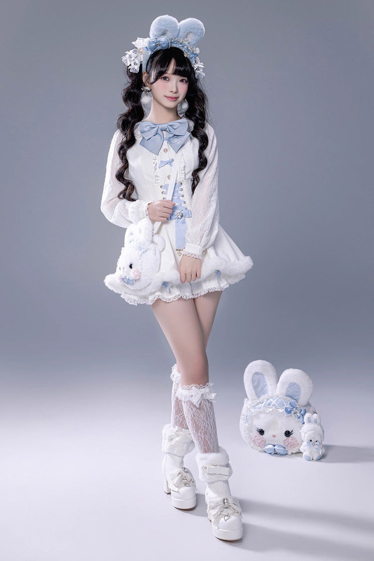 Ivory Ruffled Bow Lace-Up Jirai Dress with Plush Shorts
