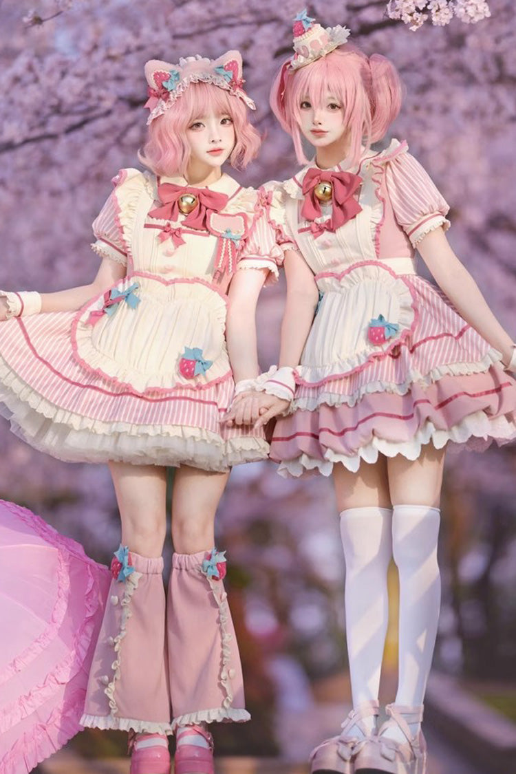Pink Berry Bubbles Stripe Print Ruffle Bow Lace Sweet Lolita Dress