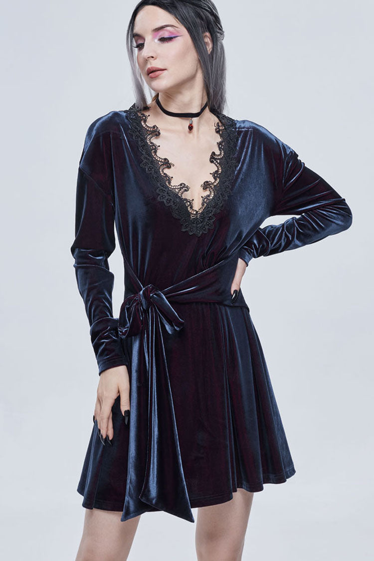Crimson & Noir Velvet V-Neck Bow Detail Long Sleeve Gothic Dress