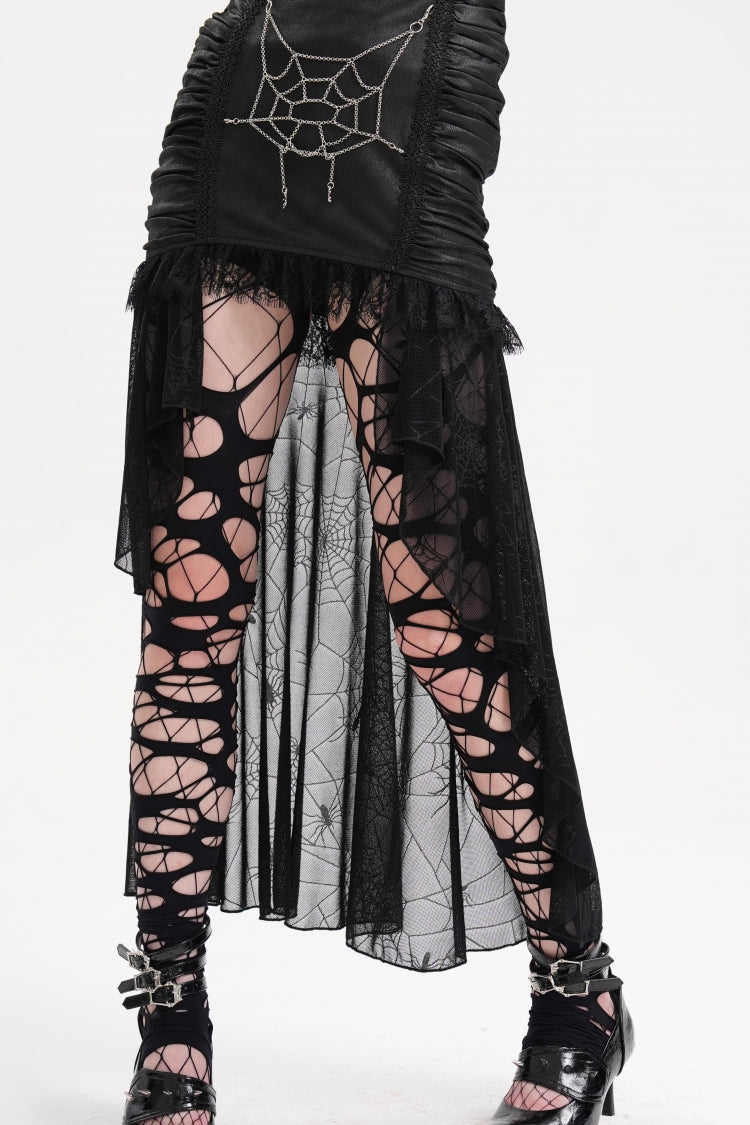 Gothic Skirt with Irregular Hem Lace Chain and Mesh