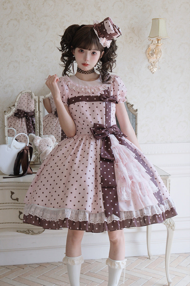 Canelé Gift Box Round Collar Short Sleeves Double-Layered Printed Polka Dot Ruffled Open-Front Bow Asymmetric Sweet Lolita Dress - Pink
