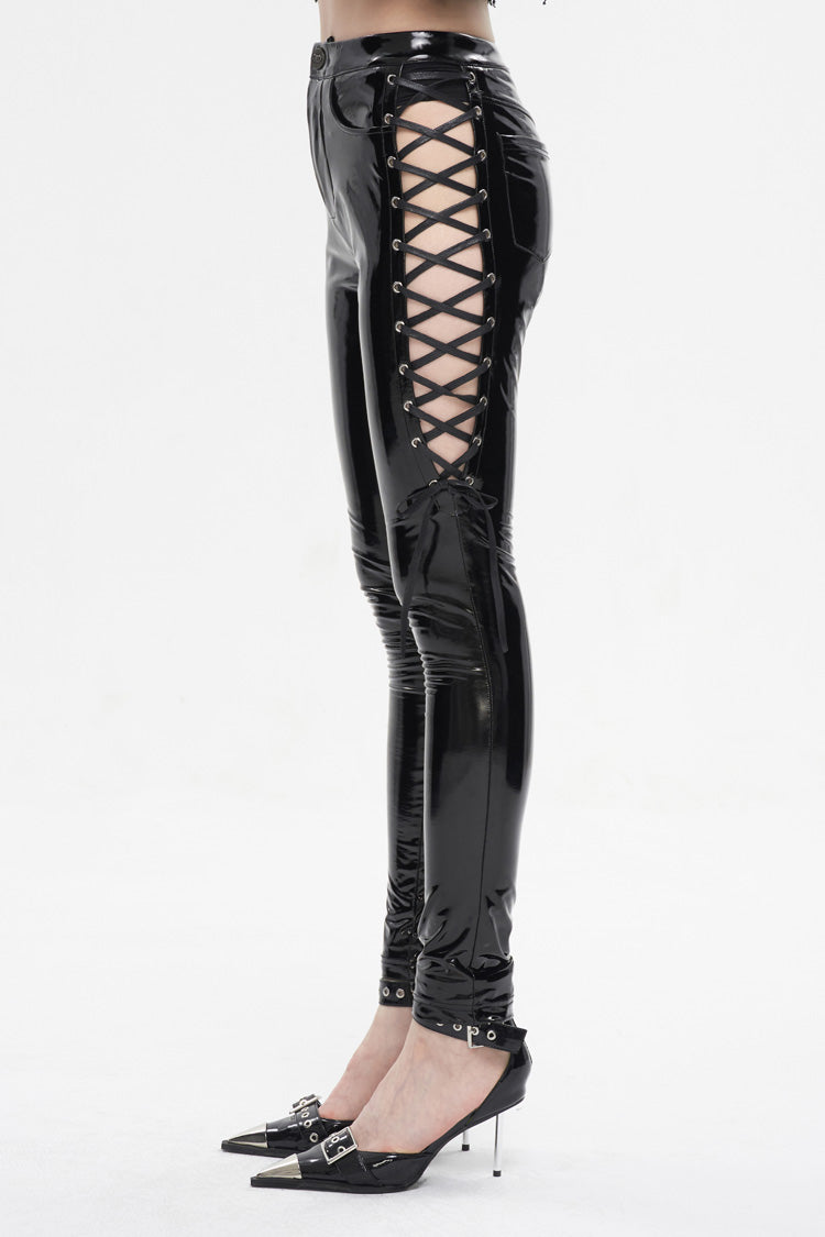 Vinyl Side Cutout Lace-Up Punk Pants for Women