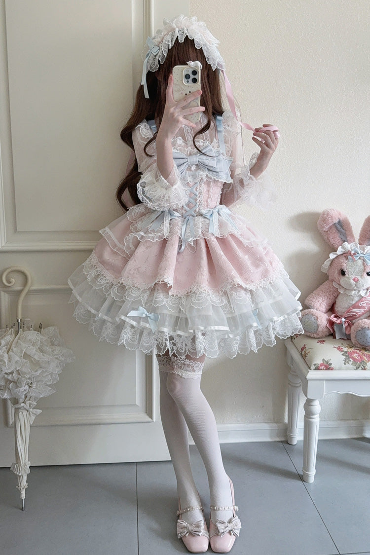 Pink Sweet Ballet Lace Ruffle Sleeveless Bowknot Jsk Dress - Fleishi Island